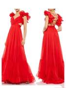 红色礼服裙宴会性感露背镂空露腰荷叶边无袖收腰大摆连衣裙裙长裙
