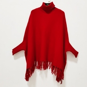 任3件C3220新年大红色斗蓬毛衣女装秋冬蝙蝠袖大码罩衫针织厚