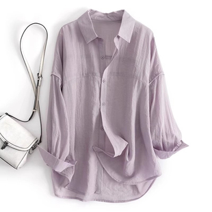 夏季2024紫色天丝雪纺长袖衬衫女宽松透气空调开衫薄外套上衣