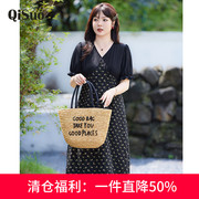 显瘦大码胖MM连衣裙2024夏装新款拼接假两件收腰遮肉A字碎花长裙