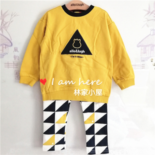 韩版阿路儿童装男童宝宝春秋，款帅气休闲黄色，长袖t恤长裤两件套装