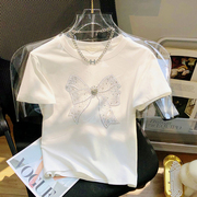 今年流行蝴蝶结烫钻短袖T恤女夏季2024独特别致小衫洋气上衣