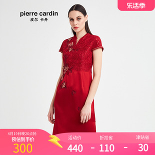 皮尔卡丹女夏季红色绣花旗袍一步裙，气质连衣裙p82ds07r0