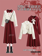 新中式国风加绒小香风外套女冬季高级感小众搭法式红色连衣裙