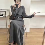 减龄v领高腰针织衫毛衣长(毛，衣长)款半身裙套装，两件套韩国风(韩国风)腰带设计灰色