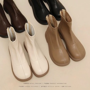 自然卷弹力裸靴2024年韩版瘦瘦靴单靴马丁靴，春秋平底短靴子女