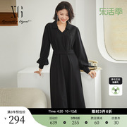 xg雪歌字母贴布设计黑色，连衣裙2023秋季高腰长袖中长a字裙女