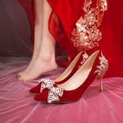 红色高跟结婚鞋女中式秀禾服婚纱，两穿新娘鞋2024年孕妇鞋婚鞋
