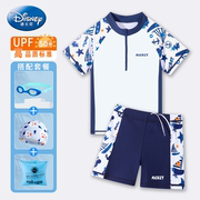 迪士尼儿童泳衣分体短袖男童套装，2024小中大童保暖防晒游泳衣