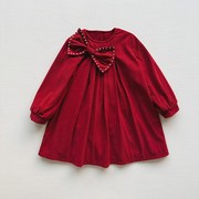 加绒女童连衣裙2024新款珍珠蝴蝶结儿童K年服裙公主裙宝宝拜年裙