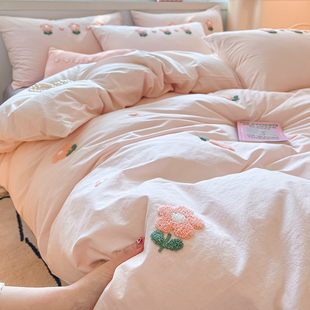 粉色全棉床上四件套纯棉，2024床单被套床品女孩，宿舍三件套床笠