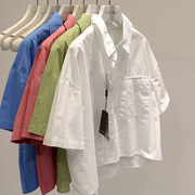 细节品质！2023韩版宽松慵懒风休闲小个子短款纯色短袖衬衫