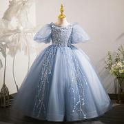 儿童礼服公主裙蓝色泡泡袖蓬蓬纱高端女童模特走秀钢琴演奏演出服
