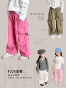 女童棉布束口工装裤，2024春秋韩版直筒休闲裤，儿童宽松运动裤子