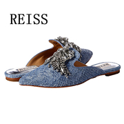 reiss鞋3色蕾丝布面尖头，水钻低跟优雅休闲穆勒女凉拖鞋