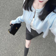 日系韩系软糯感浅蓝色针织衫春装毛衣女外套简约短款外穿开衫