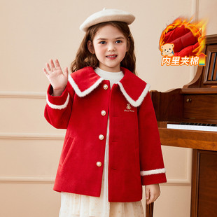 精典泰迪女童妮子大衣大红色过年喜庆毛呢外套中长款洋气中大童装