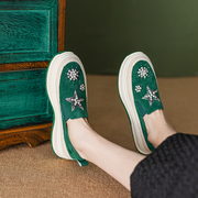 时尚珍珠水钻单鞋女厚底松糕鞋反绒磨砂真皮休闲鞋春秋季绿色