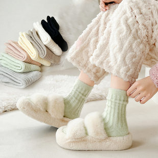 厚袜子女中筒袜冬季加绒加厚竖条澳绒袜居家睡眠，袜保暖外穿堆堆袜