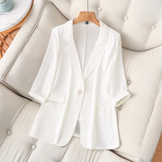 大码白色薄款七分袖西装外套女胖mm200斤韩版时尚休闲小西服上衣
