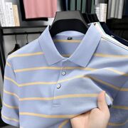 2025夏季新款条纹拼色短袖T恤衫男士大码宽松爸爸装翻领上衣服潮