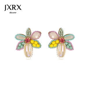 jxrx彩色水晶花朵耳环女小众，设计感高级银针耳钉多巴胺春天耳饰