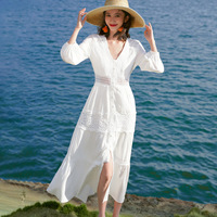 三亚连衣裙夏白色(夏白色)甜美法式过膝长裙，沙滩裙海边沙漠度假旅游裙子夏