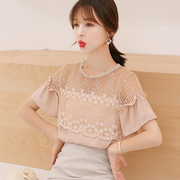 2023夏装女装韩版圆领镂空蕾丝，拼接小清新衬衫，时尚洋气雪纺衫
