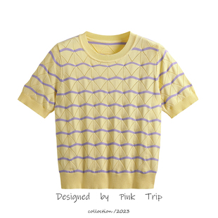 波浪条纹镂空针织短袖女夏季宽松鹅黄色上衣，减龄百搭薄款t恤