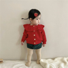 秋冬装韩国童装毛衣女(毛衣女，)宝宝洋气荷叶领红色，针织开衫上衣婴儿外套