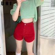 红色高腰牛仔短裤女2022年夏季薄款美式辣妹直筒，显瘦a字热裤