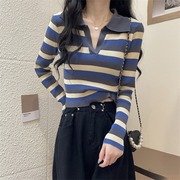 彩色polo领长袖t恤女春秋，针织打底衫，修身显瘦内搭高腰短款上衣ins