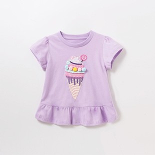 女童纯棉短袖t恤夏季童装，宝宝洋气卡通冰淇淋紫色休闲荷叶边半袖