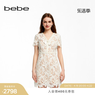 bebe2024夏季女士V领蕾丝蝴蝶结珍珠薄款连衣裙250001