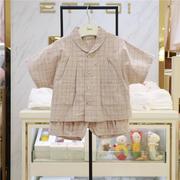 ettoi小飞马儿童格子套装韩国24夏季男女童短袖衬衫T恤+短裤