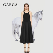 garga黑色复古赫本风无袖拼接连衣裙，女高级感气质，收腰圆领a字长裙
