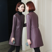 海宁真皮皮衣女士2025年春秋季新款圆领修身显瘦绵羊皮外套中长款