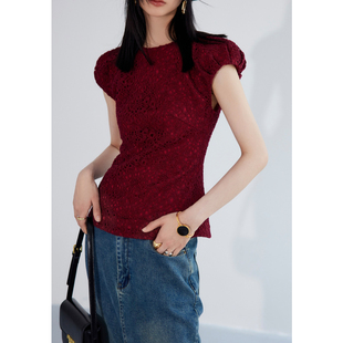 wangxo红色蕾丝短袖，t恤女夏季2023修身显瘦独特别致百搭上衣