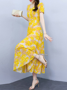 高端广州女装雪纺连衣裙子夏季十三行黄色战袍显瘦遮肚子长款
