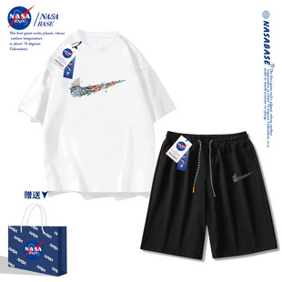 NASA联名潮牌短袖短裤套装2023夏季一套t恤男女休闲五分运动短裤