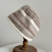 羊毛呢子堆堆帽女士日系复古文艺，条纹黄色套头帽针织帽保暖护耳帽