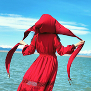 复古民族风红色连衣裙女沙漠旅拍新疆吐鲁番宁夏旅游长裙海边度假