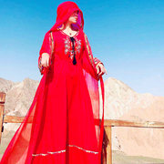 西藏沙漠旅游红色民族，风披肩开衫女防晒外套，雪纺长袖沙滩上衣