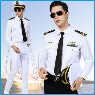船员制服衬衫飞行员，男衬夏衣帅气肩章个性，潮流机长空少船长表演服