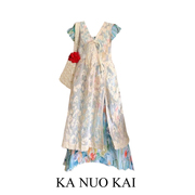 卡诺凯复古套装女彩色油画连衣裙夏季钩花蕾丝罩衫背心裙两件套