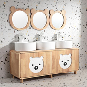 幼儿园儿童实木浴室柜橡木，卡通亲子高低洗手台，洗漱台洗手盆洗手池