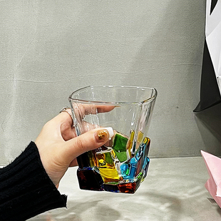 ins个性创意blingbling手工彩绘方块水晶，玻璃杯威士忌杯果汁水杯