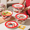 带盖陶瓷泡面碗家用日式大号汤碗卡通拉面碗沙拉，碗可爱风学生饭碗