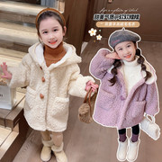 女童秋冬韩版中长款加绒外套宝宝冬装，连帽加厚大衣，儿童毛毛衣(毛毛衣)