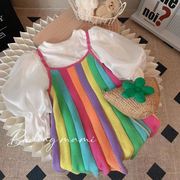 童装夏季女童彩虹色条纹连衣裙，儿童吊带裙小女孩，洋气甜美公主裙子